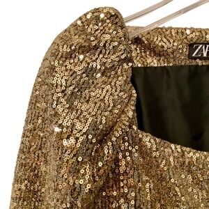 ZARA Gold Sequin Puffy Sleeve Square Neck Zipper Party Dress Glam Size XS